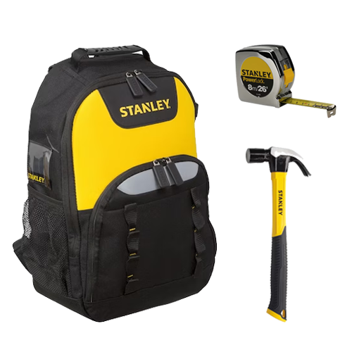 COMBO MOCHILA PORTA HERRAMIENTAS + HUINCHA 8 MTx1" + MARTILLO CARPINTERO 27MM STANLEY