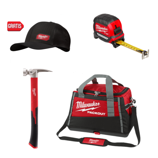 Pack Bolsa de Herramientas Packout + Huincha magnética 8M + Martillo Carpintero Cara Lisa 19oz + Gorra de Camionero Negra de regalo