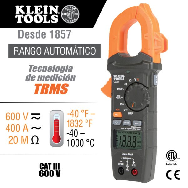 MULTÍMETRO DIGITAL DE GANCHO DE RANGO AUTOMÁTICO DE 400 A CA CON MEDIDOR DE TEMPERATURA
