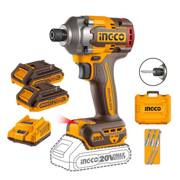 ATORNILLADOR IMPACTO BL 1/4" 20V/285NM + 2 BATERIAS 2AH Y CARGADOR INGCO