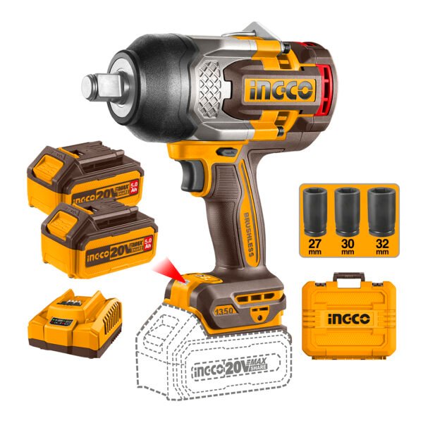 PISTOLA DE IMPACTO 3/4" BL + 2BAT 5AH Y CARGADOR INDUSTRIAL 20V/1350NM INGCO