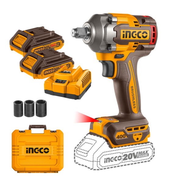 PISTOLA DE IMPACTO 1/2" BL + 2BAT 2AH Y CARGADOR INDUSTRIAL 20V/400NM INGCO