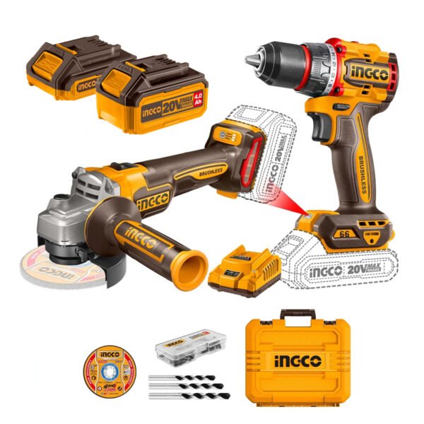 CKLI20273_1 SET TALADRO BL Y ESMERIL BL + 2 BATERIA Y CARGADOR + ACCESORIOS 20V INGCO